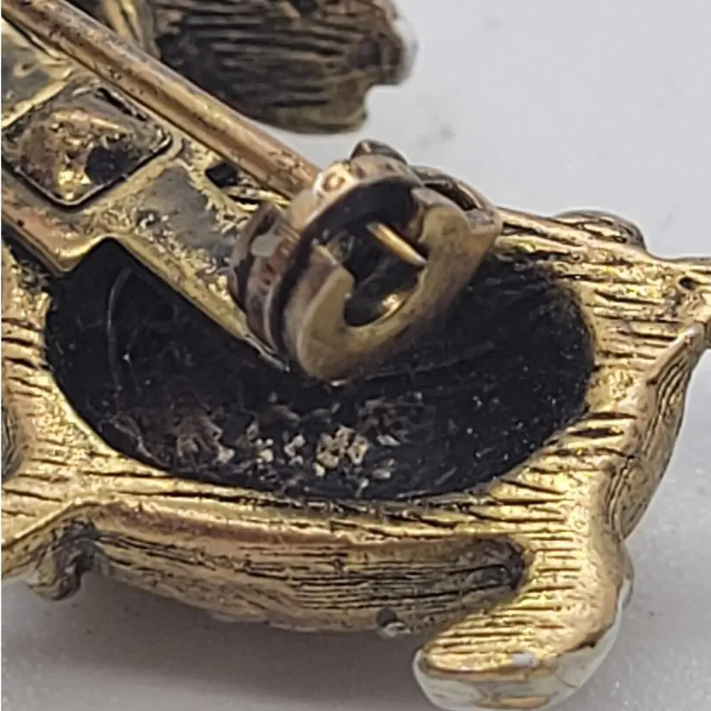 Signed WEISS Shaggy Dog Brooch Gold Tone Enamel Pearl Mid Century Whimsical